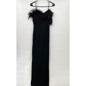 Alex Evenings Black Feather Trim Maxi‎ Dress Evening Party Cocktail